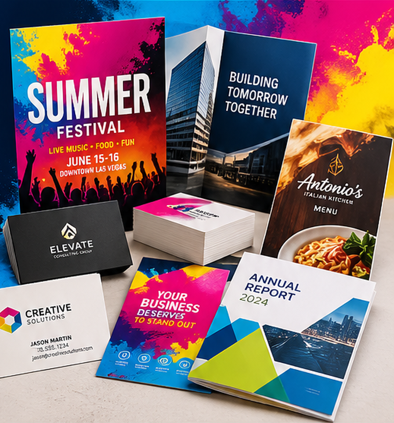 A colorful display of printed flyers, business cards, menus, booklets, and reports.